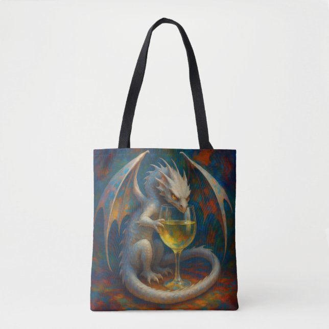 Tote Bag Cute Ivory Dragon & White Wine Fantasy Art (Devant)
