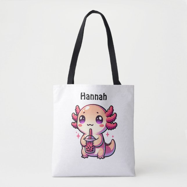 Tote Bag Cute Kawaii Axolotl avec thé à bulle Personnalisé (Devant)