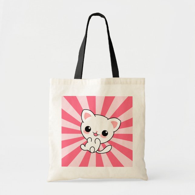 Tote Bag Cute kawaii Chat blanc rose (Devant)