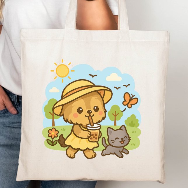 Tote Bag Cute Kawaii Chien Boire Bubble Tea (Créateur téléchargé)