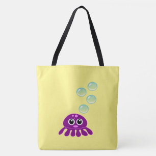Tote Bag Cute Kawaii méduse violette avec des bulles bleues
