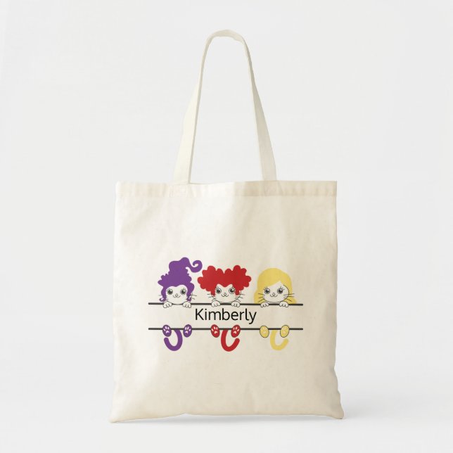 Tote Bag Cute Kawaii Witch Sisters Cats Name Monogram (Devant)