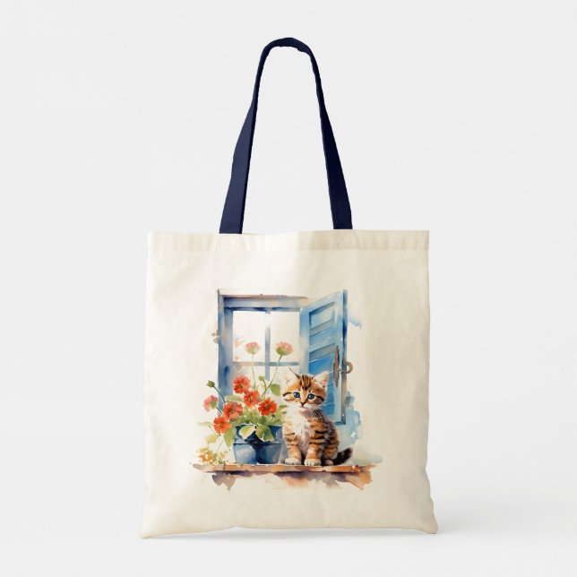 Tote Bag Cute Kitten À Fleurs Fenêtres Chat Aquarelle Art (Dos)