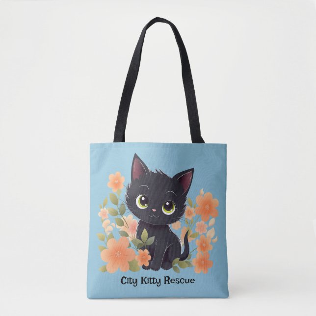 Tote Bag Cute Kitten noir avec fleurs (Devant)
