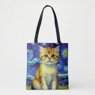 Tote Bag Cute Kitten Starry Night Van Gogh