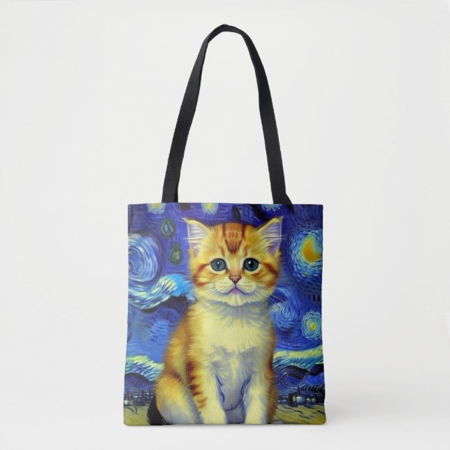 Tote Bag Cute Kitten Starry Night Van Gogh (Devant)