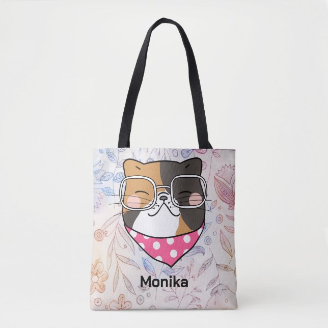 Tote Bag Cute Kitten Visage de chat avec lunettes Monogramm (Devant)