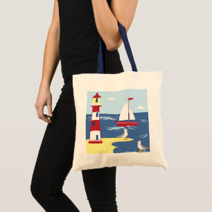 Tote Bag Cute Lighthouse and Boat Seaside Art