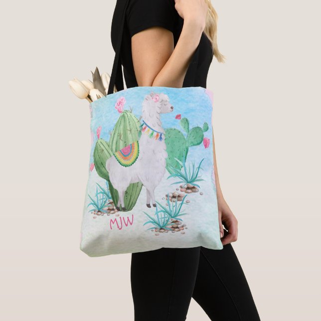 Tote Bag Cute Lllama Aquarelle Scène Personnalisée Enfants (De près)