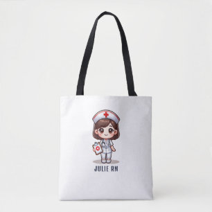 Tote Bag Cute Manga Brunette Nurse Caricature Personnalisée