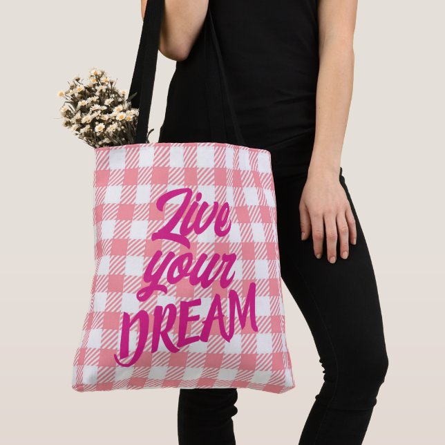 Tote Bag Cute Moderne Fille Rose Blanc En vichy Plaid (De près)
