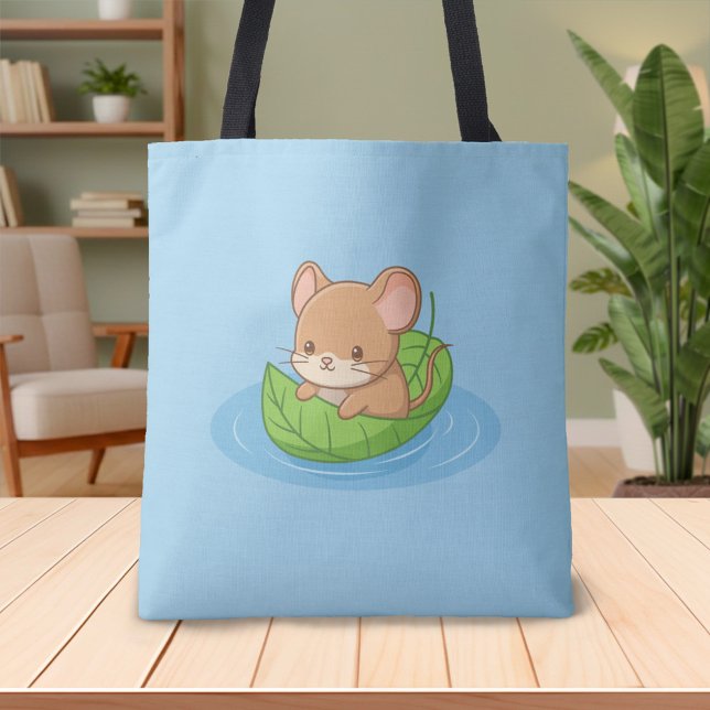 Tote Bag Cute Mouse in a Leaf Boat Blue (Créateur téléchargé)
