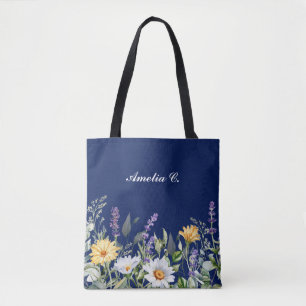 Tote Bag Cute Navy Blue Boho Fleur sauvage Design