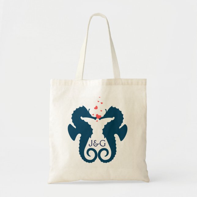 Tote Bag Cute Navy Blue Seahorses Coeurs rouges (Devant)