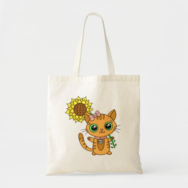 Tote Bag Cute Orange Kawaii Chat avec tournesol (Devant)