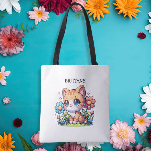 Tote Bag Cute Orange Kitty Chat en Fleurs Personnalisé