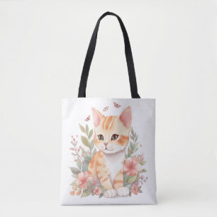 Tote Bag Cute orange Tabby Kitten avec Fleurs Aquarelle