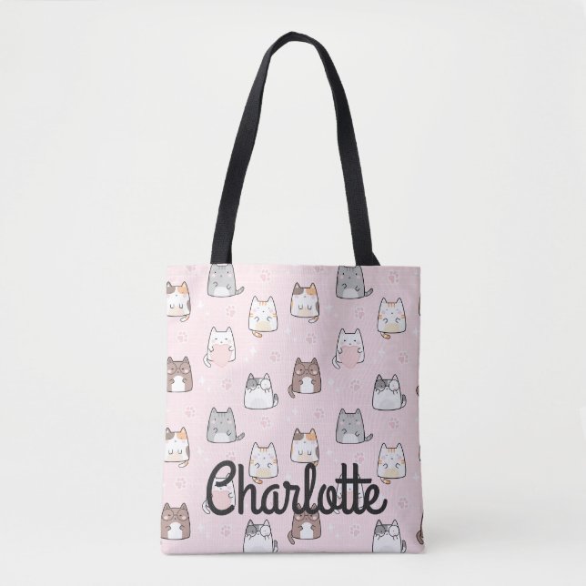 Tote Bag Cute Pastel Pink Kawaii Chats Éclatez Votre Nom  (Devant)
