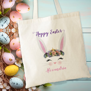 Tote Bag Cute Personnalisée Rose Floral Pâques Lapin Fille