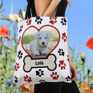 Tote Bag Cute Pet Chien Photo Coeur Red & Black Paws Motif