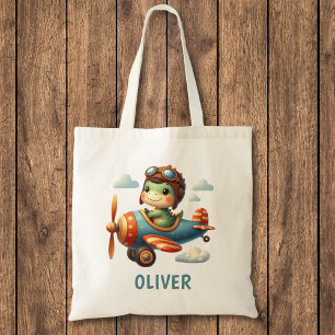 Tote Bag Cute Pilote Trex Dinosaur Voler un avion bleu
