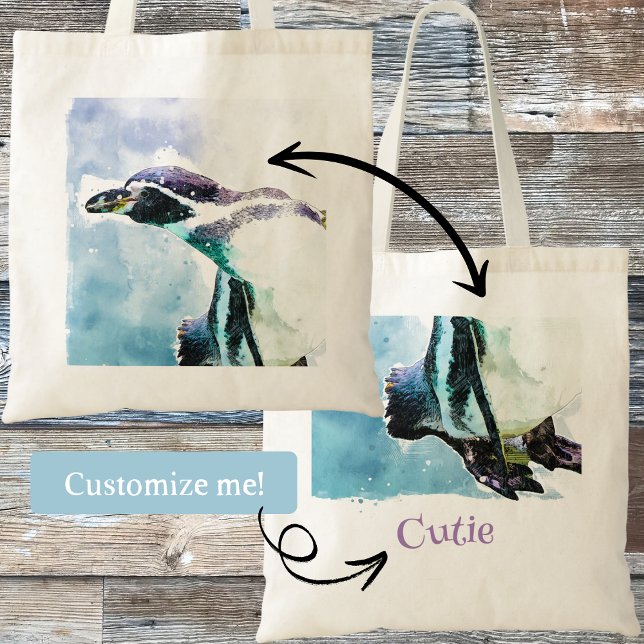 Tote Bag Cute pingouin noir et blanc Aquarelle pour enfants (This cute penguin in watercolor style is customizable with a word or name of your choice. )