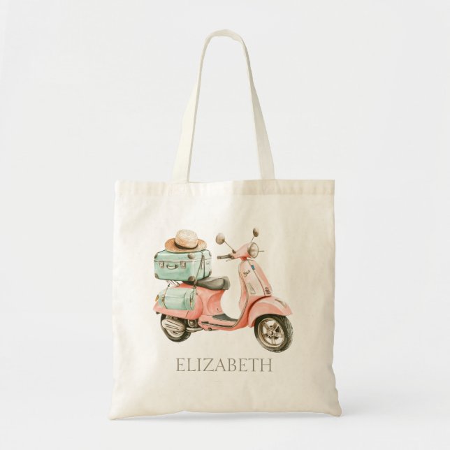 Tote Bag Cute Pink and Aqua Coastal Scooter (Devant)