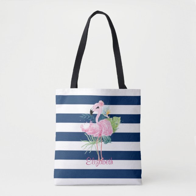 Tote Bag Cute Pink Flamingos Tropical Leaf, Striped (Devant)