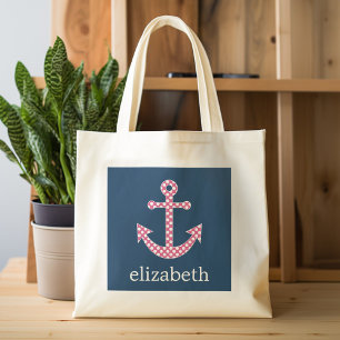 Tote Bag Cute Pink Polka Dot Anchor with Navy Custom Name