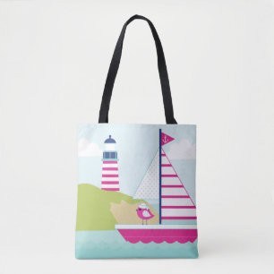 Tote Bag Cute Pink Sail Boat and Lighthouse