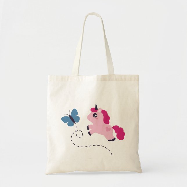Tote Bag Cute Pink Unicorn avec un Papillon (Devant)