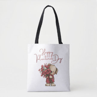 Tote Bag Cute Puppy Happy Valentine's Day Rose Bouquet