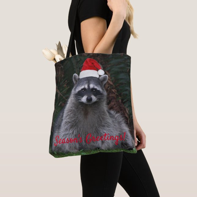 Tote Bag Cute Raccoon Porté Red Santa Hat Holiday (De près)