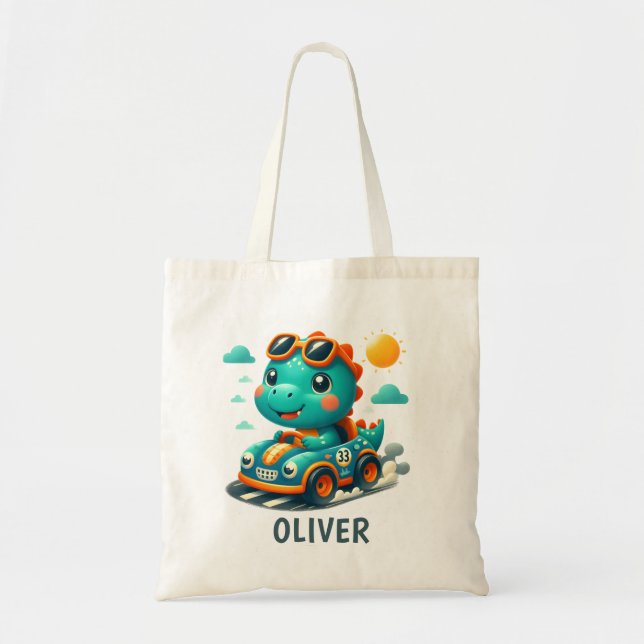 Tote Bag Cute Racing Trex Dinosaur et voiture de course (Devant)