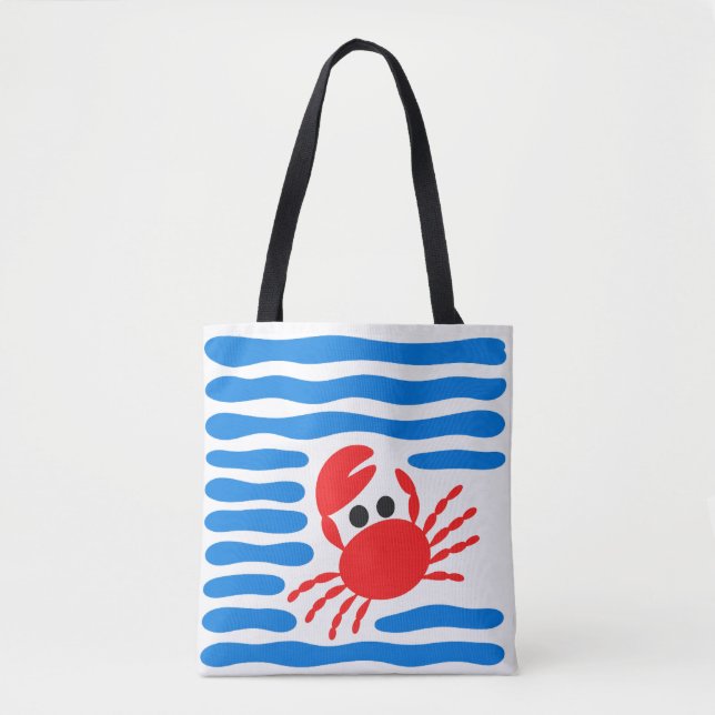 Tote Bag Cute Red Crab & Blue Waves Coastal (Devant)