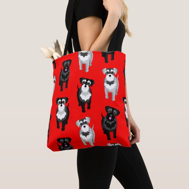Tote Bag Cute Schnauzers Motif rouge (De près)