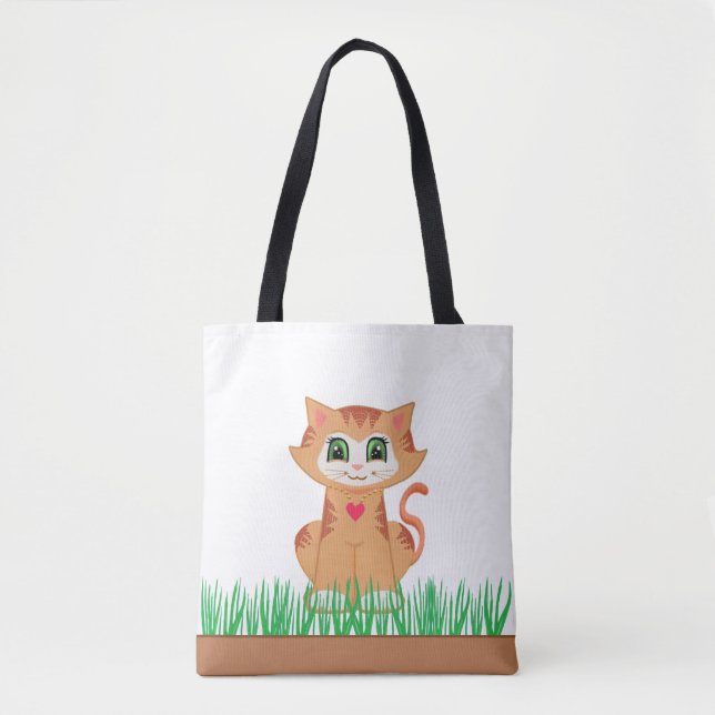 Tote Bag Cute Tabby Kitty Chat et Plantes d'herbe (Devant)