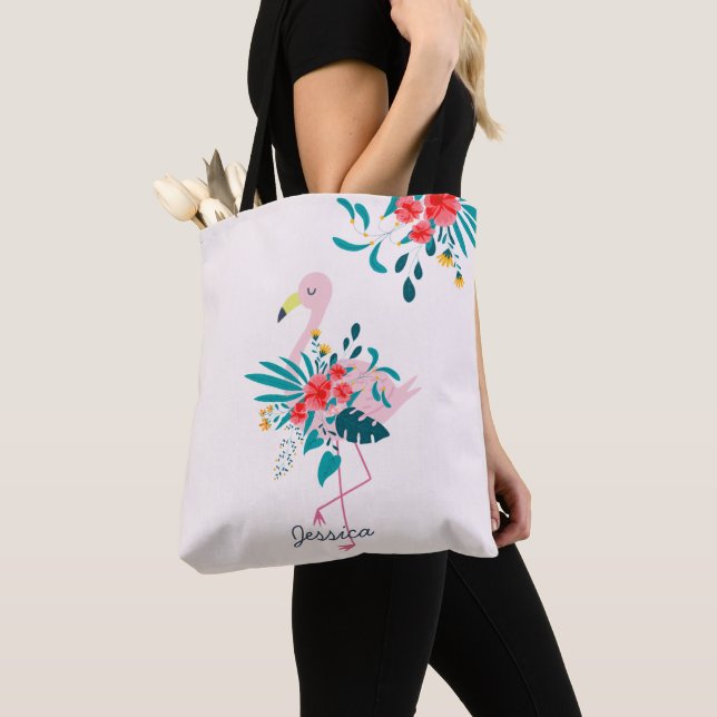 Tote Bag Cute Tropical Floral Flamant rose Personnalisé (De près)