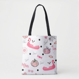 Tote Bag Cute Tropical Halloween Tote – Ghosts & Flamingos