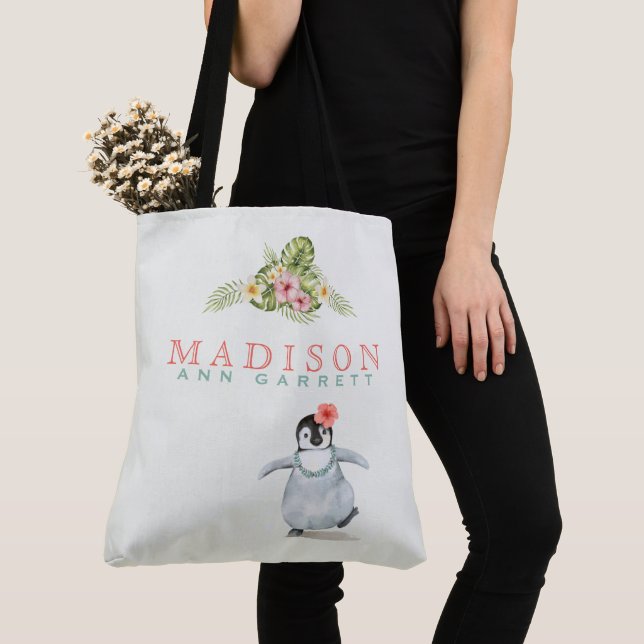 Tote Bag Cute Tropical Penguin Rose Ajouter un nom Baby (De près)