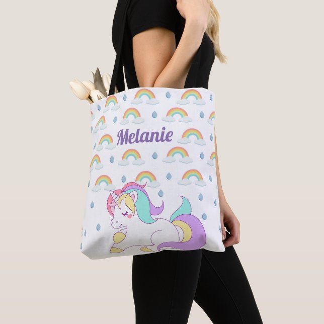 Tote Bag Cute Unicorn et Rainbows Personnalisé fille (De près)