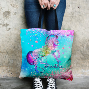 Tote Bag Cute unicorn rose Parties scintillant arc-en-ciel 