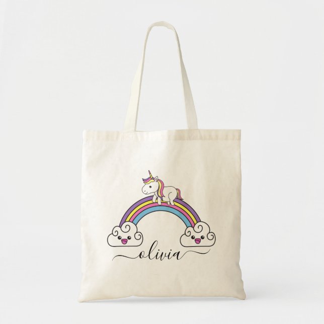 Tote Bag Cute Unicorn Sur Rainbow Nom Personnalisé (Devant)