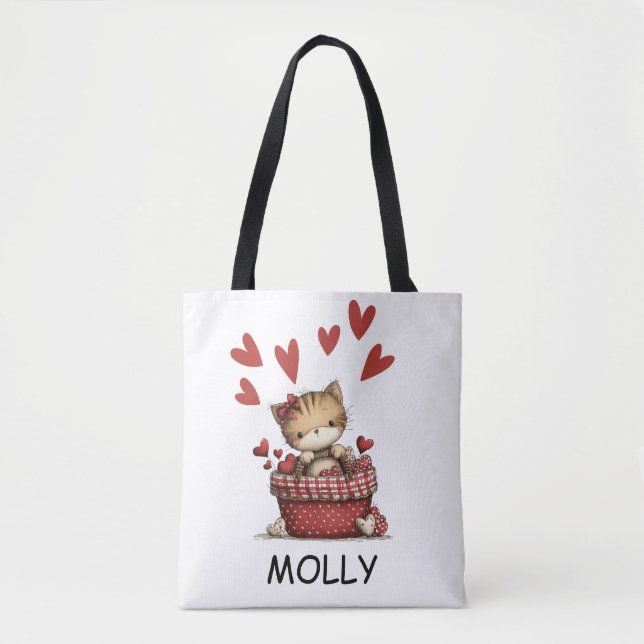 Tote Bag Cute Valentine Cat with Hearts Personalized (Devant)