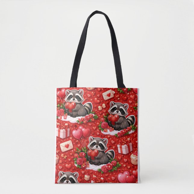 Tote Bag Cute Valentine Raccoon Pattern Red Hearts & Roses (Devant)