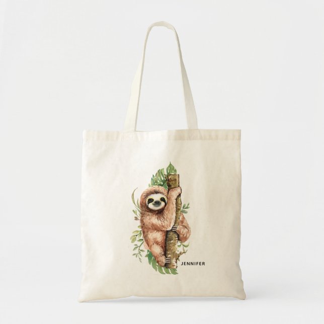 Tote Bag Cute Watercolor Sloth & Tropical Leaves (Devant)