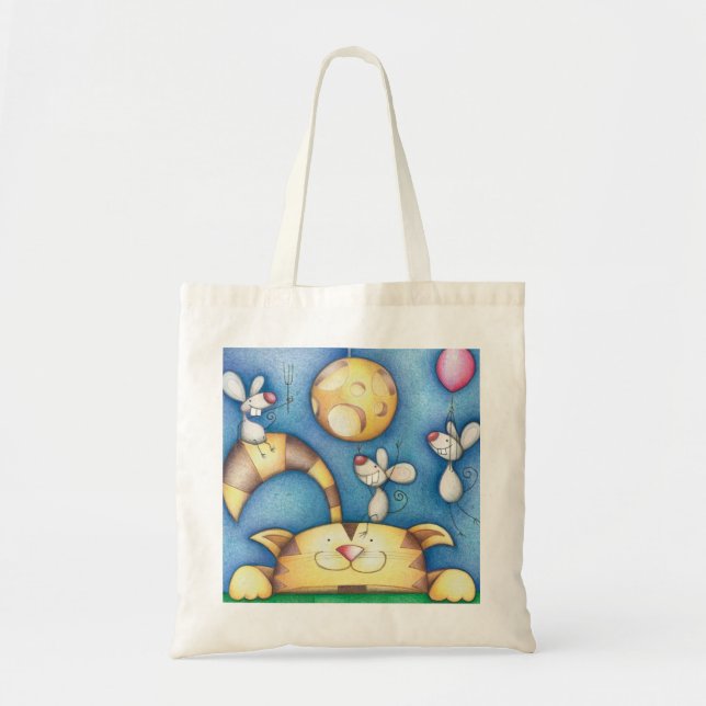Tote Bag Cute Whimsical Cat and Mouse Moon Art (Devant)