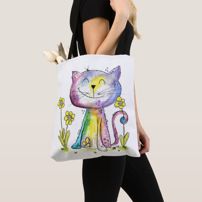 Tote Bag Cute Whimsical Happy Chat avec Fleur Jaune (De près)