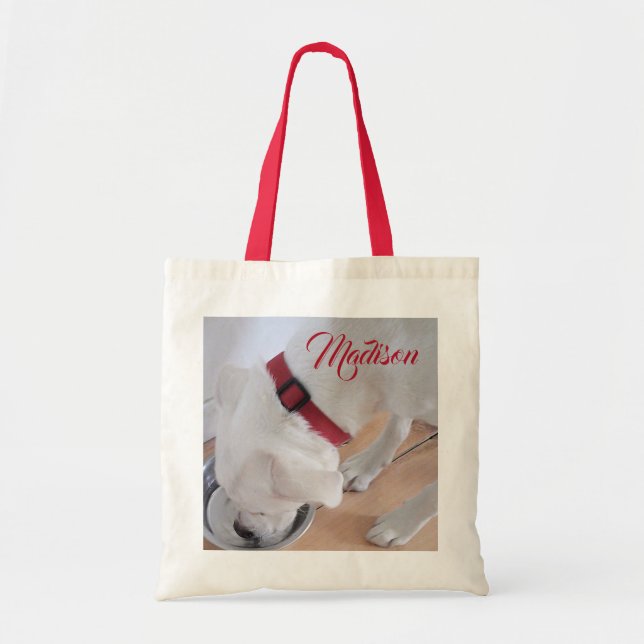 Tote Bag Cute White Chien Boire Eau Nom Personnalisé Rouge (Devant)