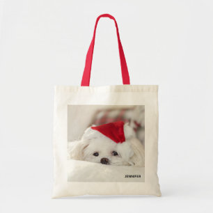 Tote Bag Cute White Dog in a Red Christmas Hat